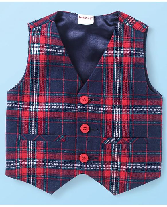 Babyhug Woven Full Sleeves Solid Shirt & Jeans With Checks Waistcoat & Bow - Maroon & Navy Blue