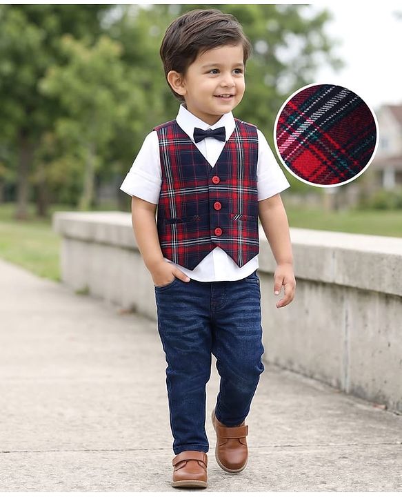 Babyhug Woven Full Sleeves Solid Shirt & Jeans With Checks Waistcoat & Bow - Maroon & Navy Blue