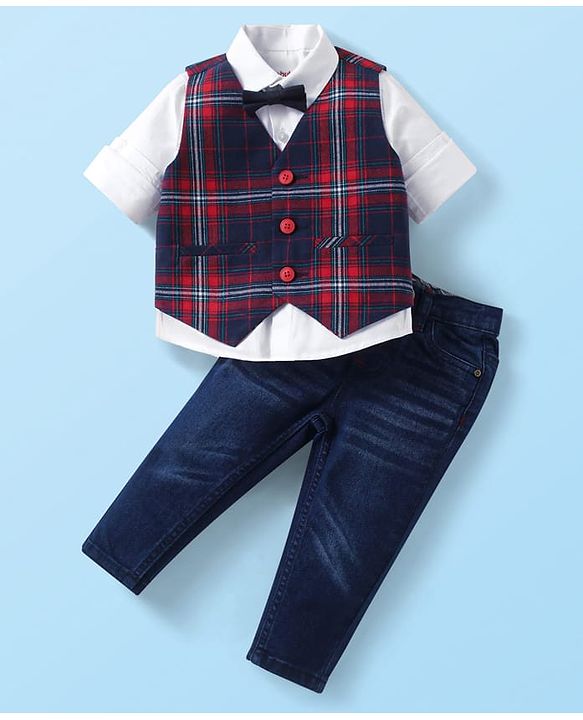 Babyhug Woven Full Sleeves Solid Shirt & Jeans With Checks Waistcoat & Bow - Maroon & Navy Blue