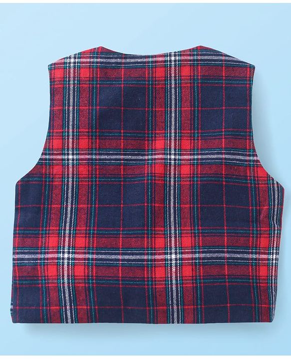Babyhug Woven Full Sleeves Solid Shirt & Jeans With Checks Waistcoat & Bow - Maroon & Navy Blue
