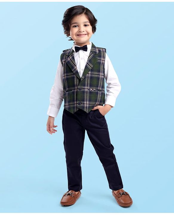 Babyhug Woven Full Sleeves Checks 3 Piece Party Suit - Green White & Navy