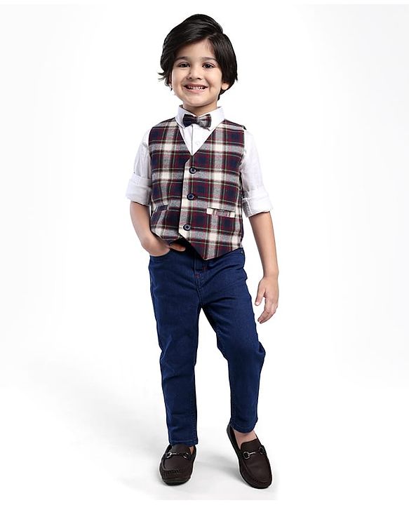 Babyhug Woven Full Sleeves Checkered 3 Piece Party Suit with Bow - Grey & Navy Blue