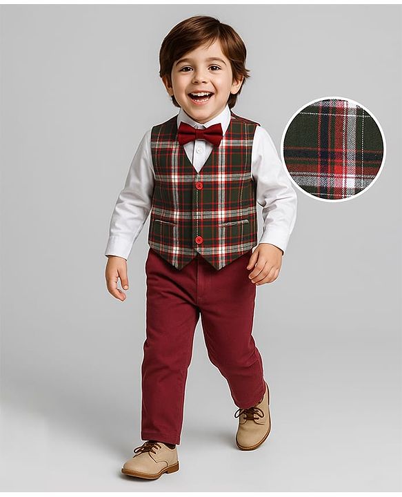 Babyhug Woven Full Sleeves Checks 3 Piece Party Suit With Bow - Rust