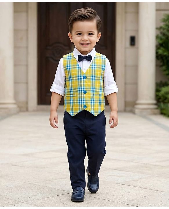 Babyhug Woven Full Sleeves Checkered 3 Piece Party Suit with Bow - Yellow