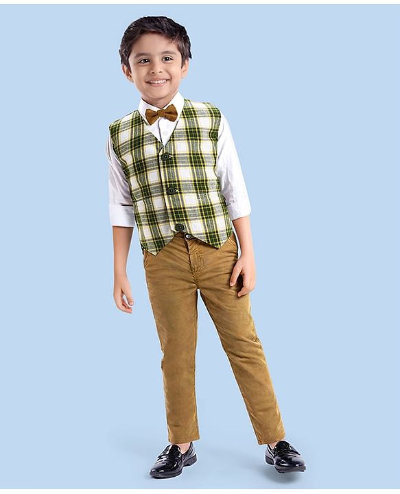 Babyhug Woven Full Sleeves Checkered 3 Piece Party Suit With Bow - Olive Green