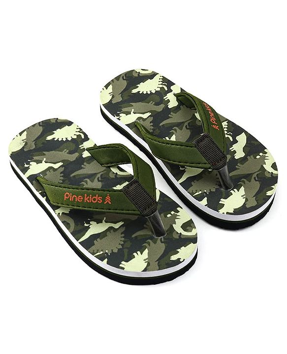 Pine Kids Slip On Flip Flops with Dino Print - Olive Green