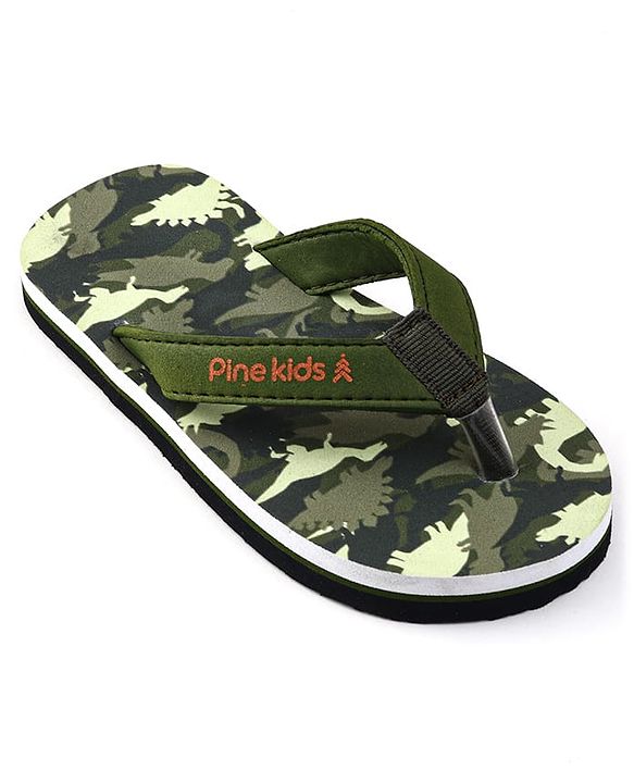 Pine Kids Slip On Flip Flops with Dino Print - Olive Green