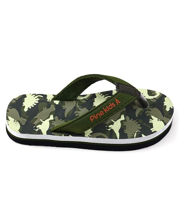 Pine Kids Slip On Flip Flops with Dino Print - Olive Green
