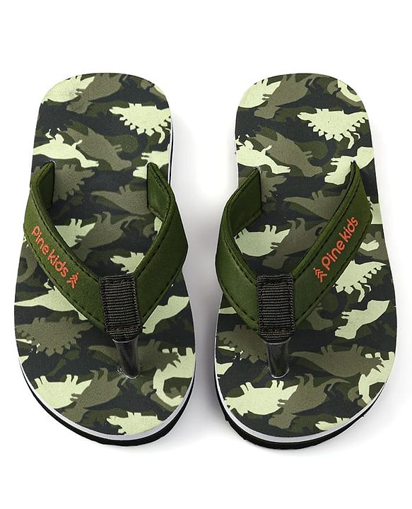 Pine Kids Slip On Flip Flops with Dino Print - Olive Green