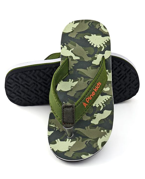 Pine Kids Slip On Flip Flops with Dino Print - Olive Green