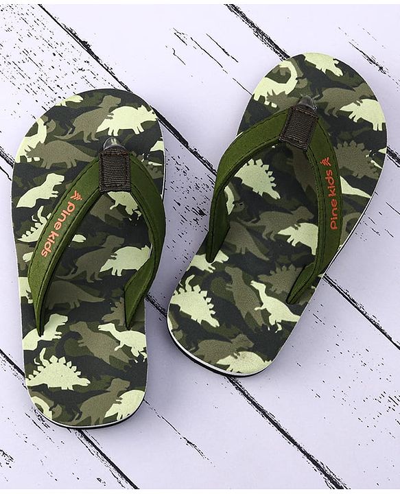 Pine Kids Slip On Flip Flops with Dino Print - Olive Green