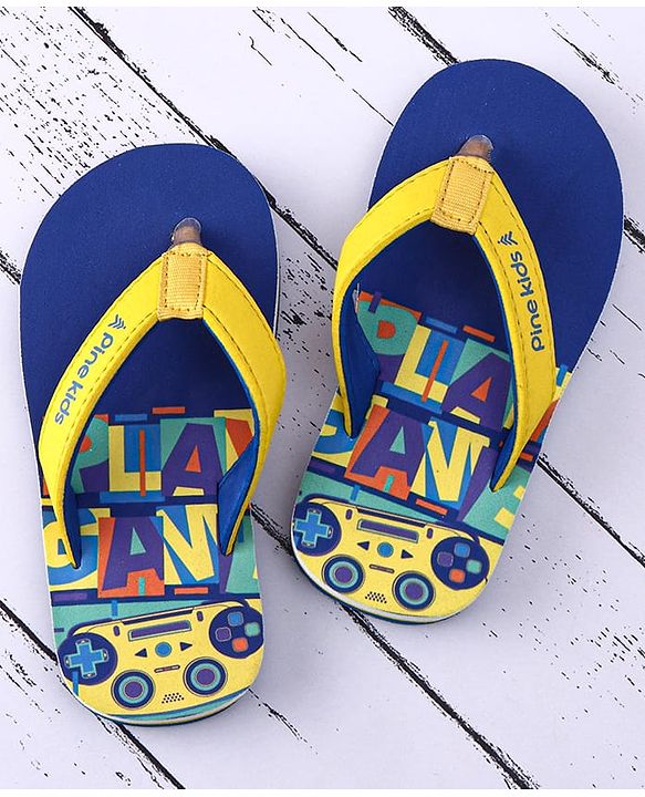 Pine Kids Slip On Flip Flops with Text & Game Controller  Print - Blue & Yellow