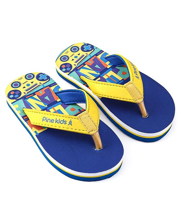 Pine Kids Slip On Flip Flops with Text & Game Controller  Print - Blue & Yellow