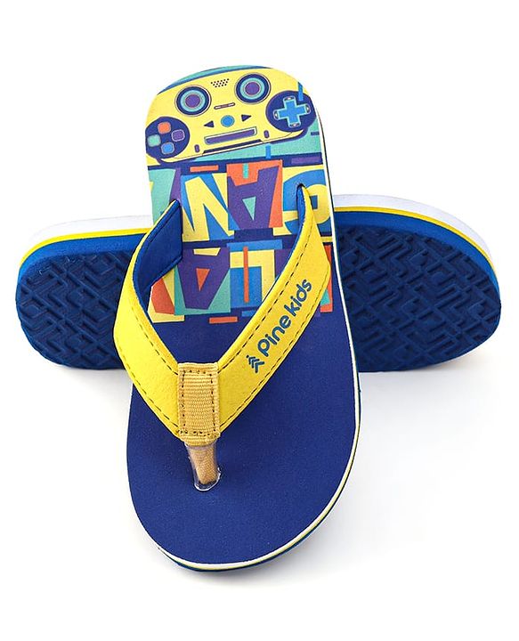 Pine Kids Slip On Flip Flops with Text & Game Controller  Print - Blue & Yellow