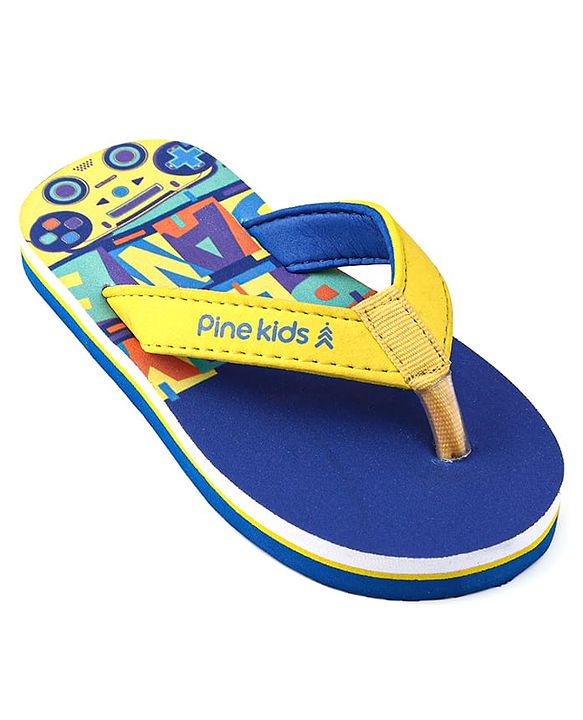 Pine Kids Slip On Flip Flops with Text & Game Controller  Print - Blue & Yellow