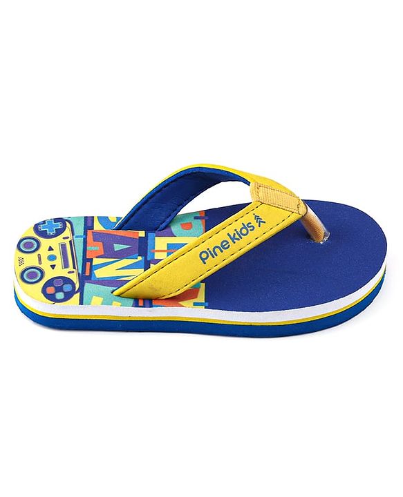 Pine Kids Slip On Flip Flops with Text & Game Controller  Print - Blue & Yellow