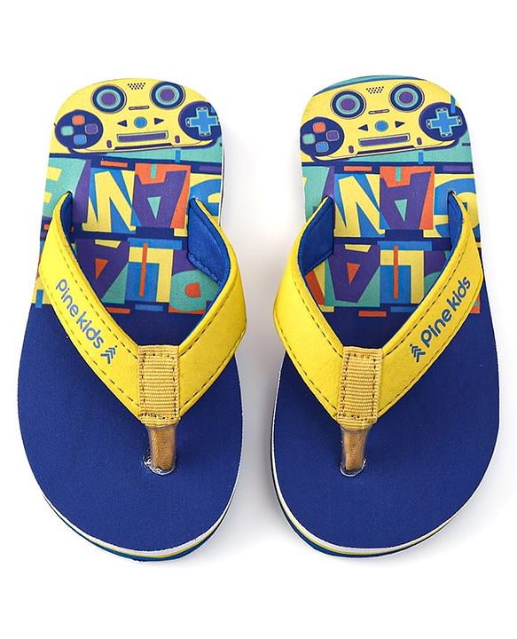 Pine Kids Slip On Flip Flops with Text & Game Controller  Print - Blue & Yellow