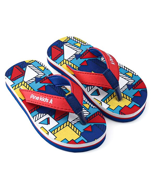 Pine Kids Slip On Flip Flops with Abstract Print - Red Blue & Yellow