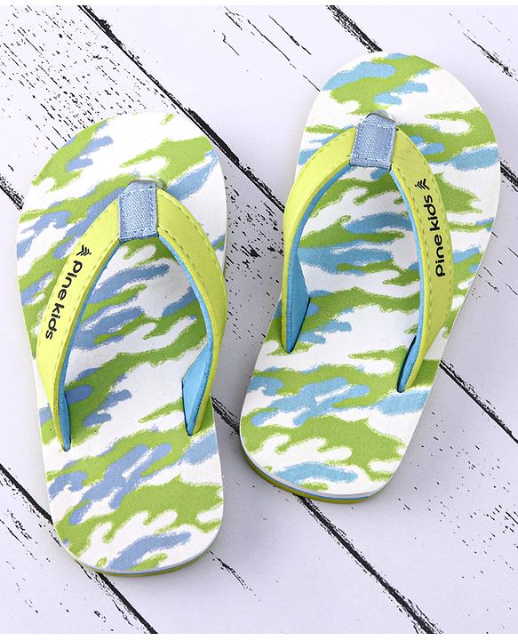 Pine Kids Slip On Flip Flops with Camouflage Print - Light Green