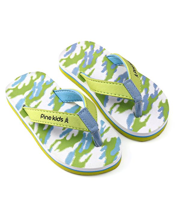 Pine Kids Slip On Flip Flops with Camouflage Print - Light Green
