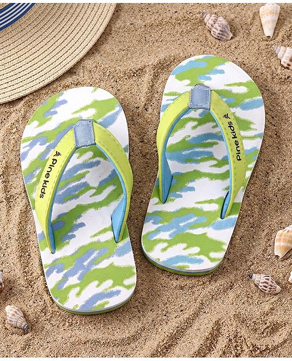 Pine Kids Slip On Flip Flops with Camouflage Print - Light Green