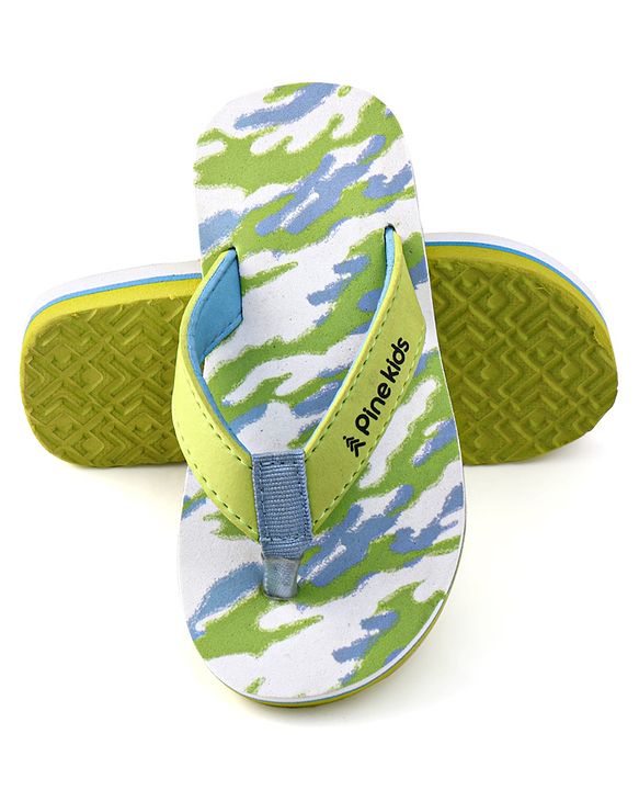 Pine Kids Slip On Flip Flops with Camouflage Print - Light Green