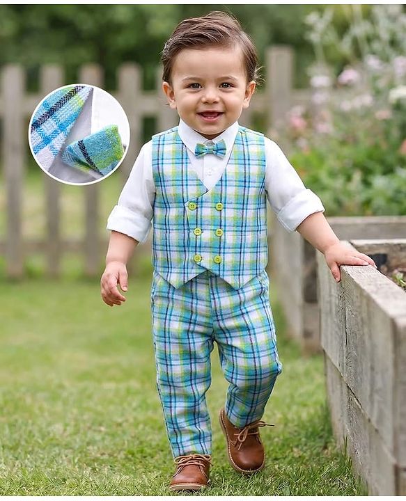 Babyhug Woven Full Sleeves Checkered 3 Piece Party Suit With Bow - Turquoise