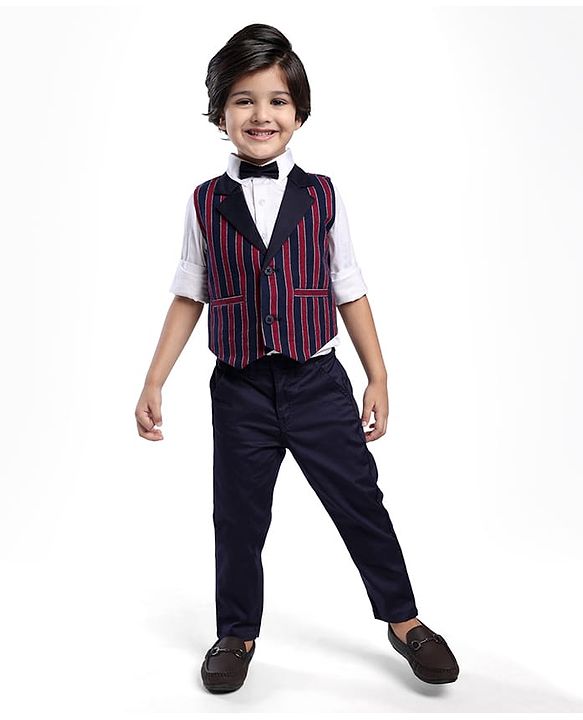 Babyhug Woven Full Sleeves Stripes 3 Piece Party Suit with Bow - Red & Navy Blue