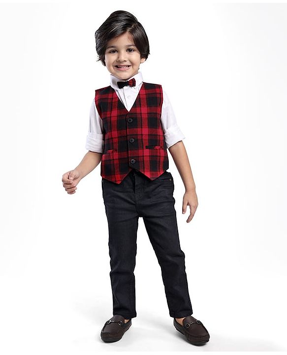 Babyhug Woven Full Sleeves Shirt & Jeans With Checkered Waistcoat & Bow - Red White & Black