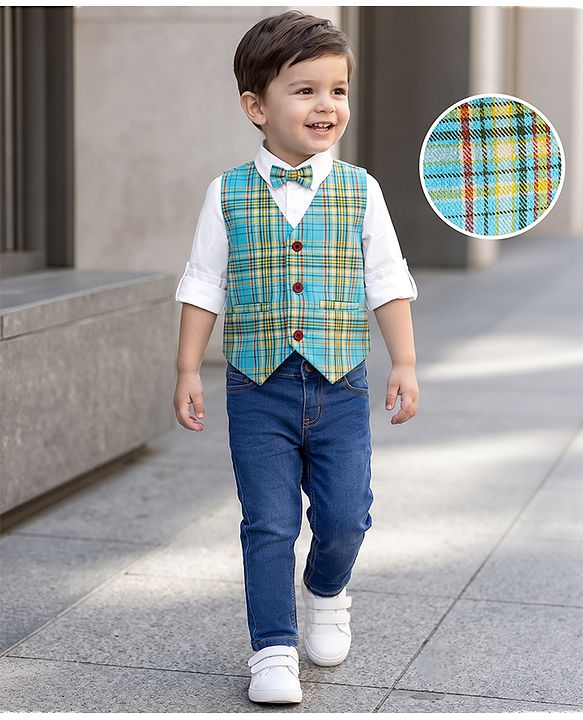 Babyhug Woven Full Sleeves Checkered 3 Piece Party Suit with Bow - Light Blue
