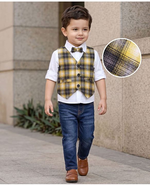 Babyhug Woven Full Sleeves Checkered 3 Piece Party Suit with Bow - Mustard