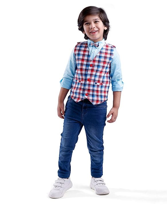 Babyhug Woven Full Sleeves Solid Color Shirt & Jeans with Bow & Checkered Waistcoat - Red & Blue