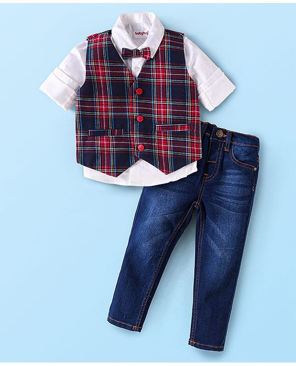 Babyhug Woven Full Sleeves Solid Color Shirt & Jeans with Bow & Checkered Waistcoat - Red & Blue