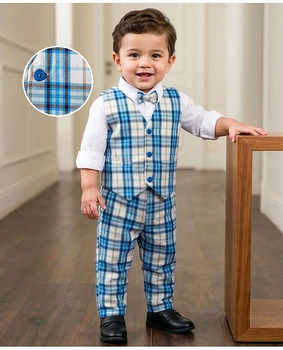 Babyhug Woven Full Sleeves Checkered 3 Piece Party Suit With Bow - Blue