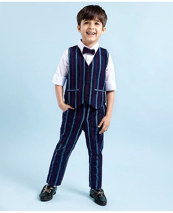 Babyhug Woven Full Sleeves Striped 3 Piece Party Suit With Bow - Navy Blue