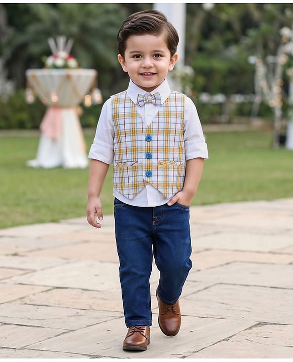 Babyhug Woven Full Sleeves Checks 3 Piece Party Suit With Bow - White