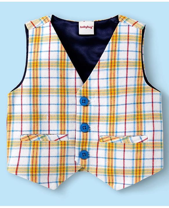 Babyhug Woven Full Sleeves Checks 3 Piece Party Suit With Bow - White