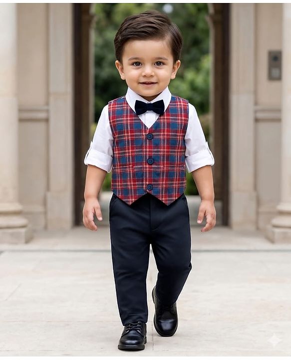 Babyhug Woven Full Sleeves Checkered 3 Piece Party Suit with Bow - Red White & Navy Blue