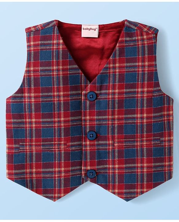 Babyhug Woven Full Sleeves Checkered 3 Piece Party Suit with Bow - Red White & Navy Blue