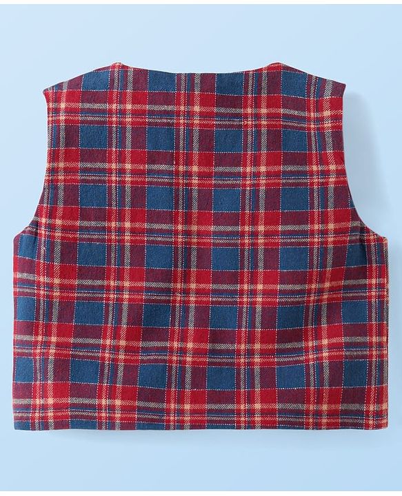Babyhug Woven Full Sleeves Checkered 3 Piece Party Suit with Bow - Red White & Navy Blue