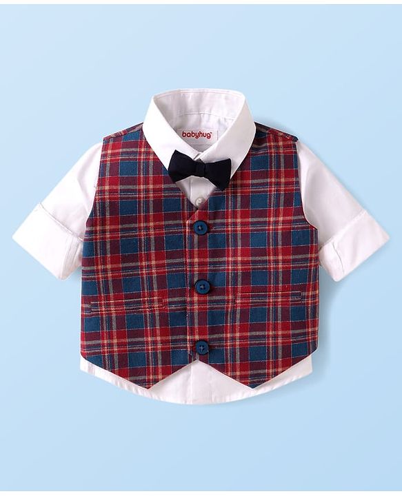 Babyhug Woven Full Sleeves Checkered 3 Piece Party Suit with Bow - Red White & Navy Blue