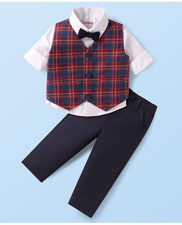 Babyhug Woven Full Sleeves Checkered 3 Piece Party Suit with Bow - Red White & Navy Blue