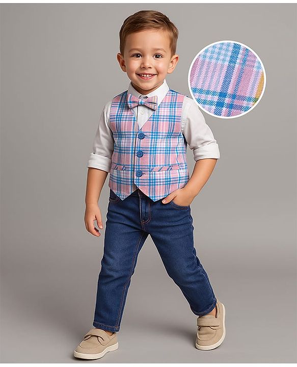 Babyhug Woven Full Sleeves Checkered 3 Piece Party Suit With Bow - White