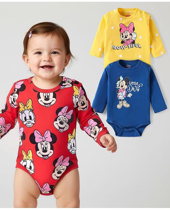 Babyhug Disney Interlock Knit Full Sleeves Onesies with Minnie Mouse Graphics Pack of 3 - Navy Blue Red & Yellow