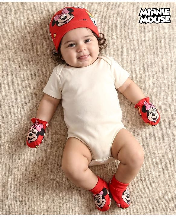 Babyhug Disney Interlock Knit Cap Mittens & Booties Set with Minnie Mouse Graphics Red - Diameter 9 cm