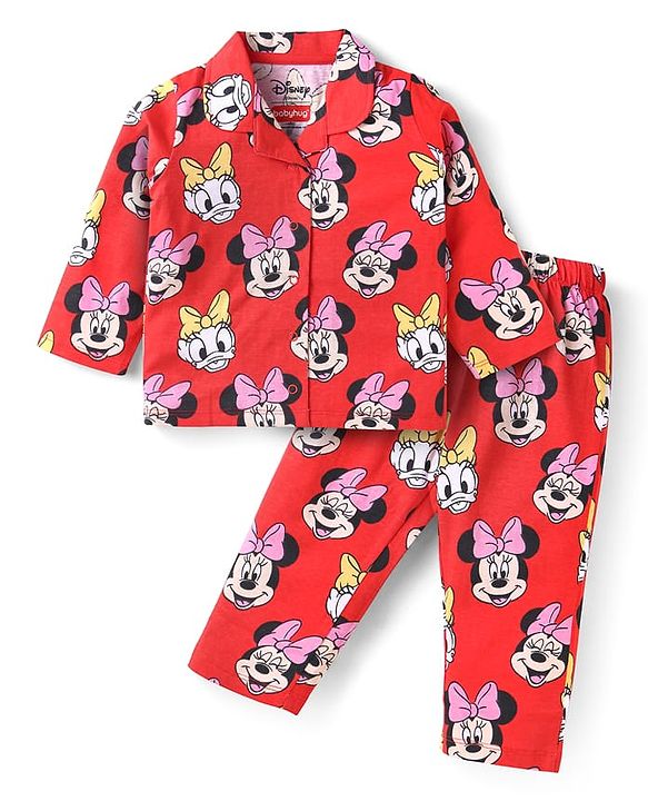 Babyhug Disney Single Jersey Knit Full Sleeves Front Open Night Suit With Minnie Mouse Graphics - Red