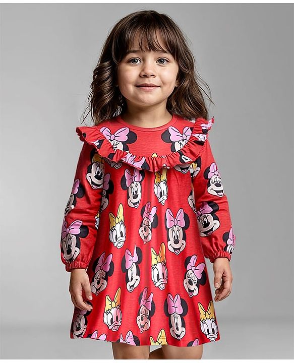 Babyhug Disney Cotton Knit Full Sleeves Frock With Minnie Mouse Print Frill Detailing & Bloomer - Red