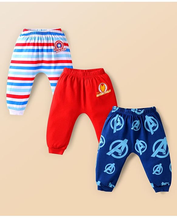 Babyhug Marvel Interlock Knit Full Length Diaper Leggings with Avengers Print Pack of 3 - Red Navy Blue & White