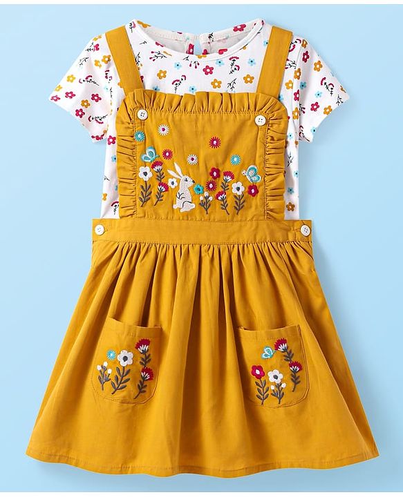 Babyhug Cotton Woven Frock & Half Sleeves Inner Tee With Floral Print & Embroidery - Yellow & White