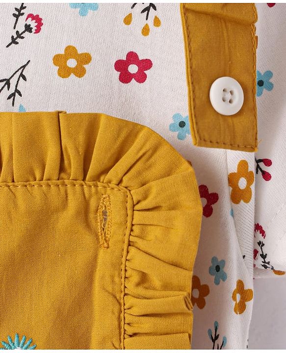 Babyhug Cotton Woven Frock & Half Sleeves Inner Tee With Floral Print & Embroidery - Yellow & White